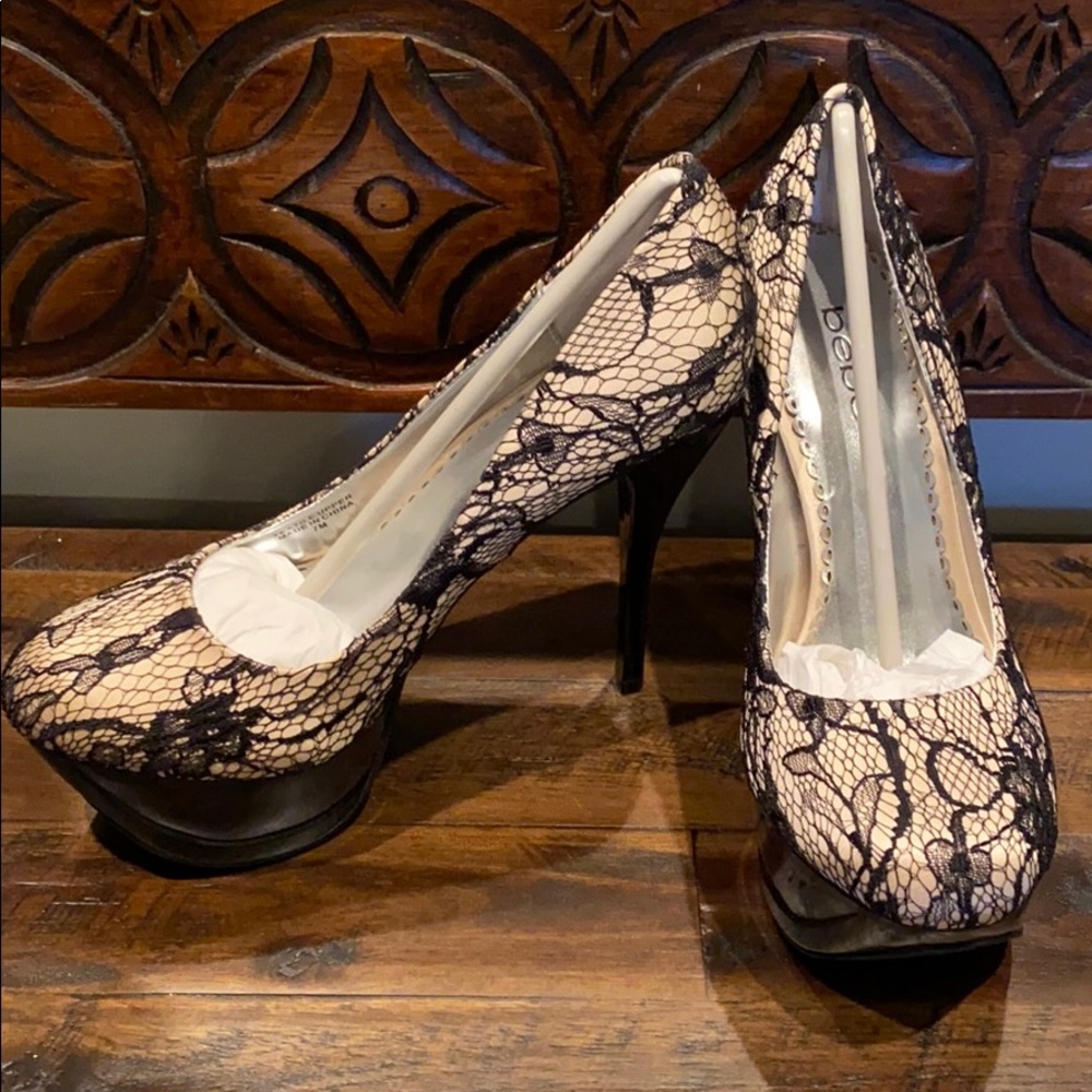 BEBE Black Lace Platform Heels